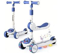 Lyefancy 3 Wheel Scooter for Kids Age 2-8, Kids 2 in 1 Scooter with Detachable Seat, Childrens Folding Scooter with Music and Light up Wheels, Adjustable Height, Lean to Steer(Blue+White)