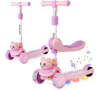 Lyefancy 3 Wheel Scooter for Kids Age 2-8, Kids 2 in 1 Scooter with Detachable Seat, Childrens Folding Scooter with Music and Light up Wheels, Adjustable Height, Lean to Steer(Pink+Purple)