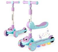 Lyefancy 3 Wheel Scooter for Kids Age 2-8, Kids 2 in 1 Scooter with Detachable Seat, Childrens Folding Scooter with Music and Light up Wheels, Adjustable Height, Lean to Steer (Green+Purple)