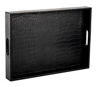 Lyellfe Black Serving Tray with Handles, Decorative Ottoman Tray in Alligator Faux Leather, 17x12 Inch Rectangular for Coffee Table, Living Room, Bed or Dressing Table