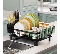 Lyellfe Dish Drying Rack, Rust-Proof Dish Drainer with Drainboard Utensil Cup Holder, Black Iron Dish Rack and Drainboard Set for Kitchen Counter, Over The Sink