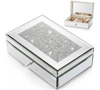 Lyellfe Glass Jewelry Box, Silver Mirror Vanity Organizer with Bling Finish Lid Velvet Tray, Luxury Keepsake Display Box for Women, Earring, Ring, Necklace