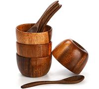 Lyellfe Set of 4 Acacia Wooden Bowl, 4 Oz Dipping Sauce Bowl with Spoon, 3 Inch Small Charcuterie Dish, Soup Water Cup for Condiments, Jam, Nuts, Appetizer, Snack, Yogurt