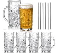 Lyellfe Set of 6 Glass Beer Mug, 530ml/ 18 Oz Large Beer Glasses with Handle Straw, Solid Clear Drinking Glassware Beer Cups for Freezer, Great for Cocktail, Juice, Soda, Beer, Whiskey, Beverage