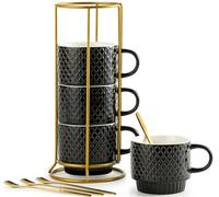 LYEOBOH Stackable Coffee Mugs Set of 4 with Rack & Spoons Coffee Mug Set 13 OZ., Ceramic Embossed Grinding Demitasse Cups Set Cappuccino Cup Halloween for Coffee, Latte, Macchiato, Espresso, Black