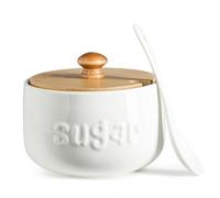LYEOBOH Sugar Bowl with Lid and Spoon,17 OZ Sugar Jar, Ceramic Jar with Lid, Sugar Container for Coffee Bar, Sugar Bowls for Countertop, Azucarera for Farmhouse Home and Kitchen, White