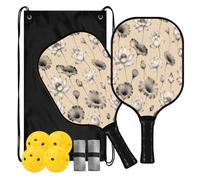 Lyeorm Beige Poppy Pickleball Paddles Set Fiberglass with Balls Bag | 2 Pack Lightweight Pickleball Rackets with Non-slip Grip for Beginner