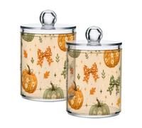 Lyeorm Beige Pumpkin Bow Apothecary Jars with Lid 2 Pack Qtip Holder Dispenser Bathroom Storage Organizer Clear Plastic Canister Jar for Cotton Ball, Cotton Swab