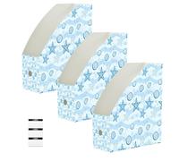 Lyeorm Blue Wave Stars 3 Pack Magazine File Holder Foldable Desk Storage Box for Book File Folders Vertical Magazine Organizer with Label for Home Office