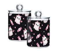 Lyeorm Bow Candy Pattern Apothecary Jars with Lid 4 Pack Qtip Holder Dispenser Bathroom Storage Organizer Clear Plastic Canister Jar for Cotton Ball, Cotton Swab