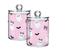 Lyeorm Bow Star Bat Apothecary Jars with Lid 2 Pack Qtip Holder Dispenser Bathroom Storage Organizer Clear Plastic Canister Jar for Cotton Ball, Cotton Swab