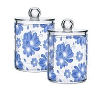 Lyeorm Bright Blue Daisy Apothecary Jars with Lid 4 Pack Qtip Holder Dispenser Bathroom Storage Organizer Clear Plastic Canister Jar for Cotton Ball, Cotton Swab