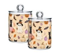 Lyeorm Cat Pumpkin Autumn Apothecary Jars with Lid 4 Pack Qtip Holder Dispenser Bathroom Storage Organizer Clear Plastic Canister Jar for Cotton Ball, Cotton Swab