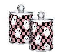 Lyeorm Checkered Pattern Apothecary Jars with Lid 2 Pack Qtip Holder Dispenser Bathroom Storage Organizer Clear Plastic Canister Jar for Cotton Ball, Cotton Swab