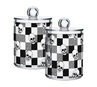 Lyeorm Checkered Skull Pattern Apothecary Jars with Lid 4 Pack Qtip Holder Dispenser Bathroom Storage Organizer Clear Plastic Canister Jar for Cotton Ball, Cotton Swab