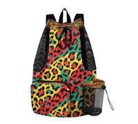 Lyeorm Colorful Leopard Print Swim Bag Mesh Sports Drawstring Backpack with Wet Pocket Waterproof Swimming Gym Backpack for Men Women