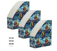 Lyeorm Colorful Sailboat Nautical 3 Pack Magazine File Holder Foldable Desk Storage Box for Book File Folders Vertical Magazine Organizer with Label for Home Office