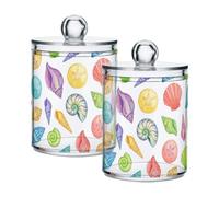 Lyeorm Colorful Seashells Apothecary Jars with Lid 2 Pack Qtip Holder Dispenser Bathroom Storage Organizer Clear Plastic Canister Jar for Cotton Ball, Cotton Swab