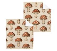 Lyeorm Cotton Washcloths Set of 2, Vintage Mushroom Pattern 12x12 Inch Wash Cloths Soft Absorbent Face Cloths Fingertip Towel for Bathroom, Spa, Gym