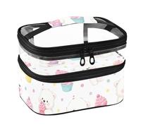 Lyeorm Cupcake Bear Double Layer Makeup Bag with Clear Top & Handle