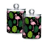 Lyeorm Flamingo Tropical Leaf Apothecary Jars with Lid 2 Pack Qtip Holder Dispenser Bathroom Storage Organizer Clear Plastic Canister Jar for Cotton Ball, Cotton Swab