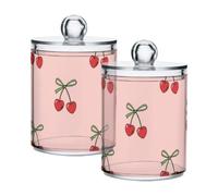 Lyeorm Green Bow Cherry Apothecary Jars with Lid 4 Pack Qtip Holder Dispenser Bathroom Storage Organizer Clear Plastic Canister Jar for Cotton Ball, Cotton Swab