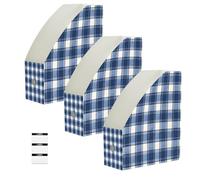 Lyeorm Indigo Plaid 3 Pack Magazine File Holder Foldable Desk Storage Box for Book File Folders Vertical Magazine Organizer with Label for Home Office