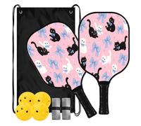 Lyeorm Kitty Ribbon Pickleball Paddles Set Fiberglass with Balls Bag | 2 Pack Lightweight Pickleball Rackets with Non-slip Grip for Beginner