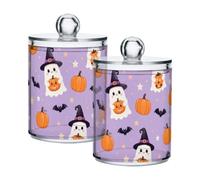 Lyeorm Lavender Witch Pumpkin Apothecary Jars with Lid 4 Pack Qtip Holder Dispenser Bathroom Storage Organizer Clear Plastic Canister Jar for Cotton Ball, Cotton Swab