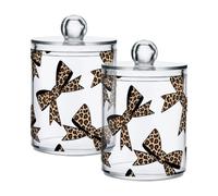 Lyeorm Leopard Print Bow Apothecary Jars with Lid 2 Pack Qtip Holder Dispenser Bathroom Storage Organizer Clear Plastic Canister Jar for Cotton Ball, Cotton Swab