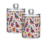 Lyeorm Mexican Birds Flowers Apothecary Jars with Lid 2 Pack Qtip Holder Dispenser Bathroom Storage Organizer Clear Plastic Canister Jar for Cotton Ball, Cotton Swab