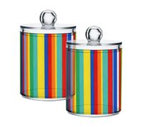 Lyeorm Mexican Stripes Colorful Apothecary Jars with Lid 2 Pack Qtip Holder Dispenser Bathroom Storage Organizer Clear Plastic Canister Jar for Cotton Ball, Cotton Swab