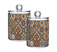 Lyeorm Mexican Tiles Pattern Apothecary Jars with Lid 2 Pack Qtip Holder Dispenser Bathroom Storage Organizer Clear Plastic Canister Jar for Cotton Ball, Cotton Swab