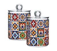 Lyeorm Mexican Tiles Pattern Apothecary Jars with Lid 4 Pack Qtip Holder Dispenser Bathroom Storage Organizer Clear Plastic Canister Jar for Cotton Ball, Cotton Swab