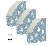 Lyeorm Nautical Sailboat Waves 3 Pack Magazine File Holder Foldable Desk Storage Box for Book File Folders Vertical Magazine Organizer with Label for Home Office