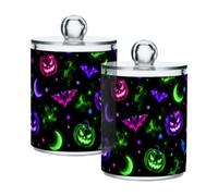 Lyeorm Neon Pumpkin Bat Moon Apothecary Jars with Lid 4 Pack Qtip Holder Dispenser Bathroom Storage Organizer Clear Plastic Canister Jar for Cotton Ball, Cotton Swab