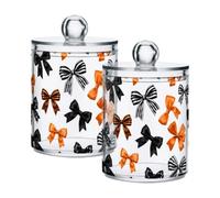 Lyeorm Orange Black Bow Apothecary Jars with Lid 2 Pack Qtip Holder Dispenser Bathroom Storage Organizer Clear Plastic Canister Jar for Cotton Ball, Cotton Swab