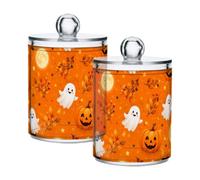 Lyeorm Orange Moon Pumpkin Apothecary Jars with Lid 4 Pack Qtip Holder Dispenser Bathroom Storage Organizer Clear Plastic Canister Jar for Cotton Ball, Cotton Swab