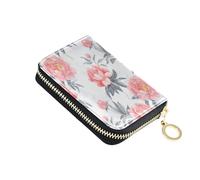 Lyeorm Peonies and Leaves Credit Card Holder for Women Men, RFID Blocking Card Case Wallet Small Leather Zipper Wallet with 11 Slots