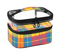 Lyeorm Plaid Pattern Double Layer Makeup Bag with Clear Top & Handle