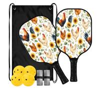 Lyeorm Rooster Pickleball Paddles Set Fiberglass with Balls Bag | 2 Pack Lightweight Pickleball Rackets with Non-slip Grip for Beginner