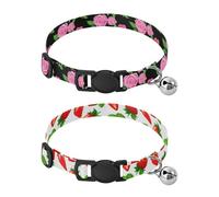 Lyeorm Roses and Green Leaves Red Strawberries Dog Collar 2 Pack Pet Cat Collar with Bells & Adjustable Buckle for Small Dogs Cats