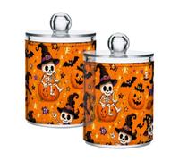 Lyeorm Skeleton Pumpkin Pattern Apothecary Jars with Lid 4 Pack Qtip Holder Dispenser Bathroom Storage Organizer Clear Plastic Canister Jar for Cotton Ball, Cotton Swab