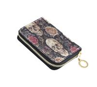 Lyeorm Skulls and Roses Credit Card Holder for Women Men, RFID Blocking Card Case Wallet Small Leather Zipper Wallet with 11 Slots