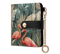 Lyeorm Small Wallet Women Leather Bifold Wallet with Zipper Coin Pocket & ID Window RFID Blocking Card Holder for Women, Tropical Jungle with Flamingos