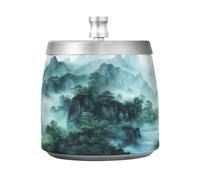 Lyeorm Smoky Green Mountains Ashtray with Lid for Cigarette, Stainless Steel Windproof Smokeless Odorless Ash Tray for Home Office Patio Outdoor