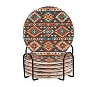 Lyeorm Southwest Aztec Pattern Drink Coasters with Holder Absorbent Coaster Set of 6 Woven Coaster for Home Decor Tabletop Protection