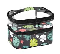 Lyeorm Tropical Leaves Double Layer Makeup Bag with Clear Top & Handle