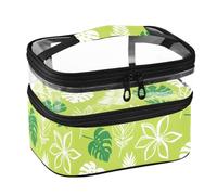 Lyeorm Tropical Leaves Double Layer Makeup Bag with Clear Top & Handle
