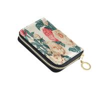 Lyeorm Vintage Peonies Credit Card Holder for Women Men, RFID Blocking Card Case Wallet Small Leather Zipper Wallet with 11 Slots